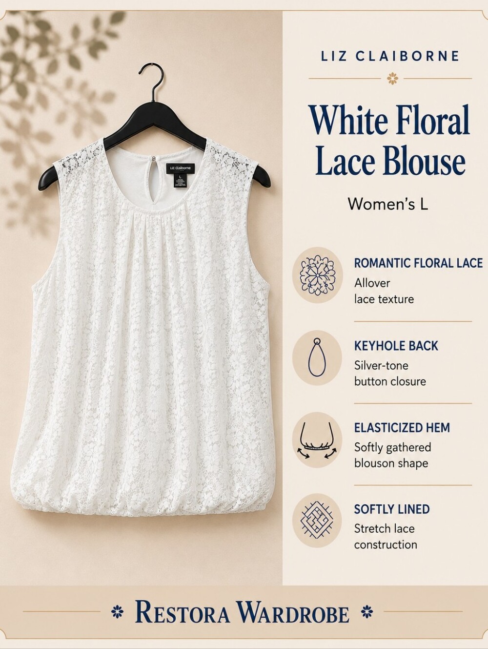 Liz Claiborne Romantic White Floral Lace Blouse Keyhole Back L